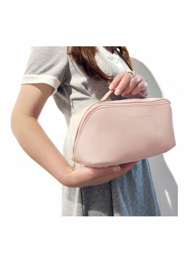 Excefore Large-Capacity Travel Cosmetic Bag, PU Leather Makeup Bag, Waterproof Portable Cosmetic Bag, Multifunctional Storage Makeup Organizer Bag, Travel Cosmetic Bag with Dividers and Handle(Pink) - Image 4