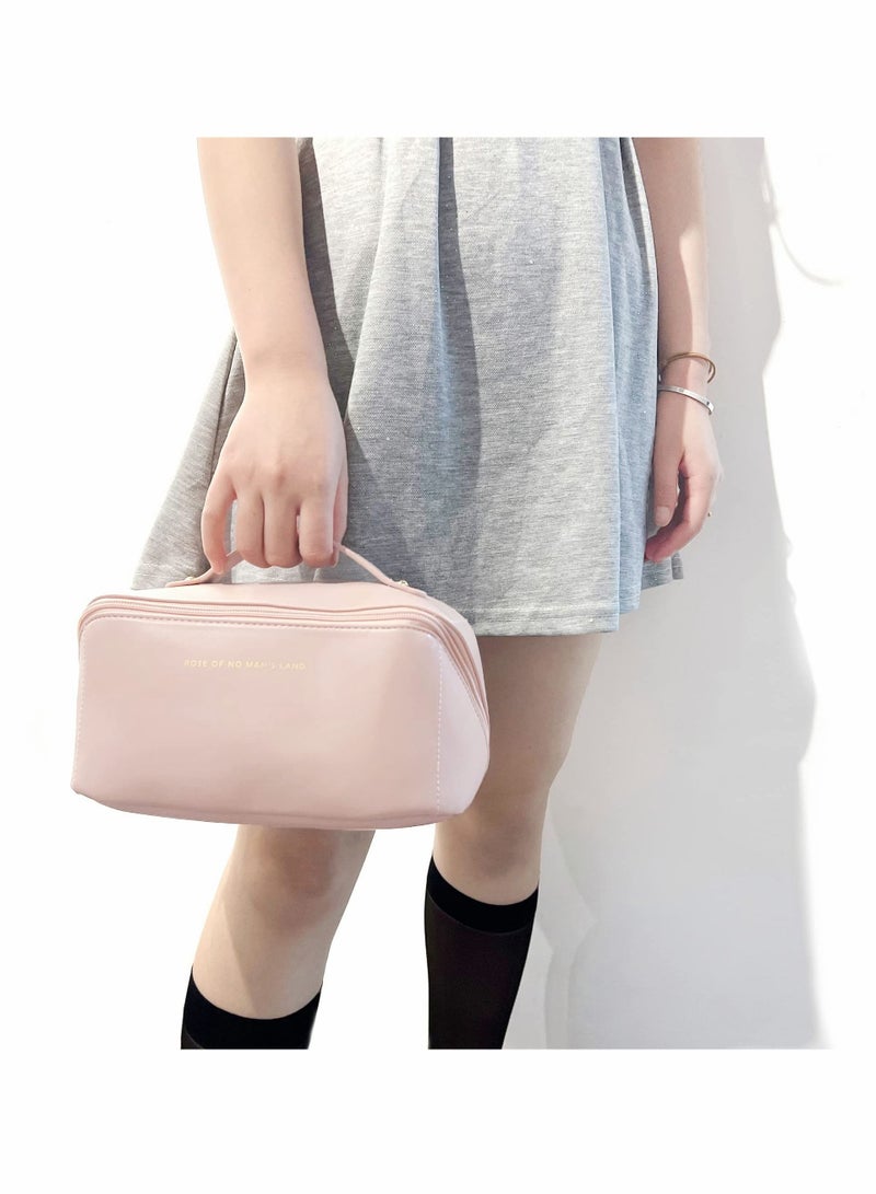 Excefore Large-Capacity Travel Cosmetic Bag, PU Leather Makeup Bag, Waterproof Portable Cosmetic Bag, Multifunctional Storage Makeup Organizer Bag, Travel Cosmetic Bag with Dividers and Handle(Pink) - Image 3