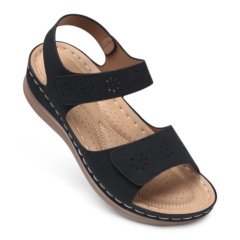 SHIBEVER Black Flat Sandals for Women: Comfortable Dressy Flats Sandals Women 2026 Open Toe Ankle Strap Walking Shoes Summer Casual Size 8 - Image 1