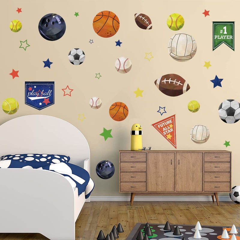 Supzone Sport Balls Stickers Boys Sports Race Flag Decals Colorful Basketball Soccer Baseball Stars DIY Vinyl Wall Art Sticker for Boys Playroom Bedroom Living Room Wall Decor