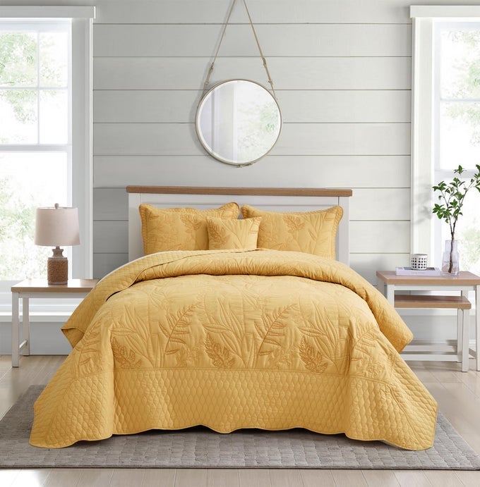 BOTANICAL OVERSIZED BEDSPREAD QUEEN SIZE LEAVES PATTERN STITCHING QUILT SET ELEGANT FRESH STYLE BEDDING COVERLETS REVERSIBLE LIGHTWEIGHT 5 PIECE HONEY GOLD