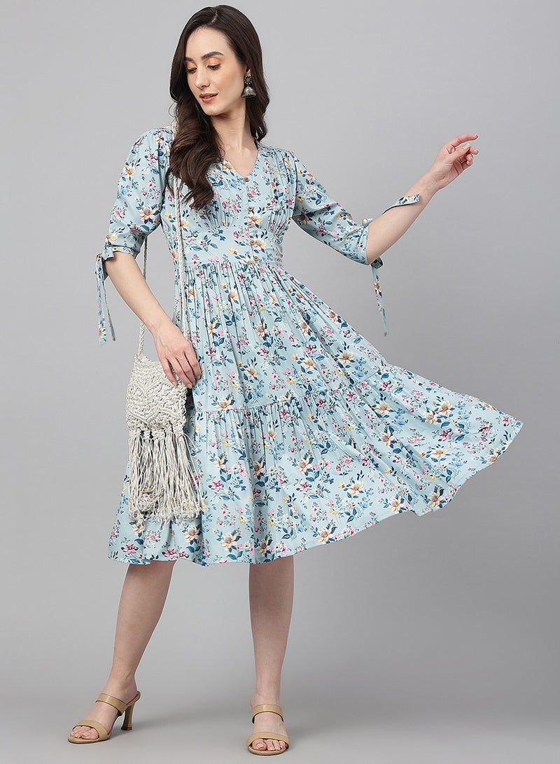 IndHeritage Premium Dress - Latest collection - Pure georgette Light blue colour mid calf length dress - Stylish trending Indo Western Dress - Image 1