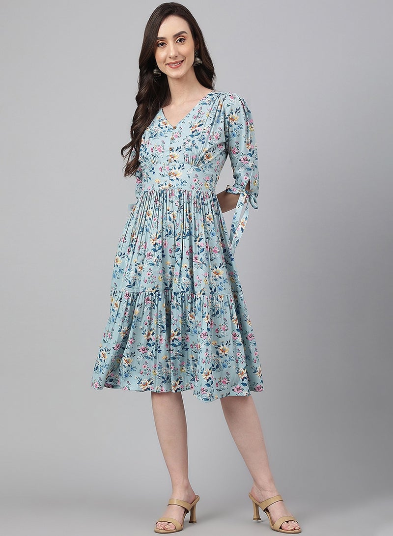 IndHeritage Premium Dress - Latest collection - Pure georgette Light blue colour mid calf length dress - Stylish trending Indo Western Dress - Image 3