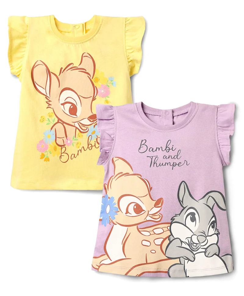 Babyhug Disney Babyhug Disney Single Jersey Knit  Frill Sleeves T-Shirts With Bambi & Thumper Graphics (Pack of 2) - Yellow & Lilac