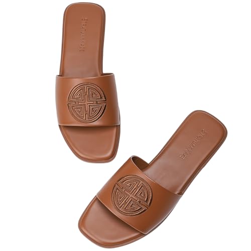 Stratuxx Kaze Womens Flat Sandals Dressy Summer Slide with Memory Foam Comfortable Cute Leather Brown Sandals for Women - Image 1