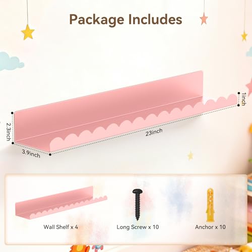 Gattlukd Floating Shelves for Wall, 23 Inch Metal Nursery Book Shelves 4 Pack, Wall Mounted Book Shelf for Kids Room, Bedroom, Bathroom, Playroom Decor (Pink) - Image 2