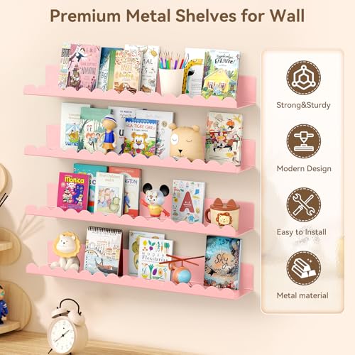 Gattlukd Floating Shelves for Wall, 23 Inch Metal Nursery Book Shelves 4 Pack, Wall Mounted Book Shelf for Kids Room, Bedroom, Bathroom, Playroom Decor (Pink) - Image 3