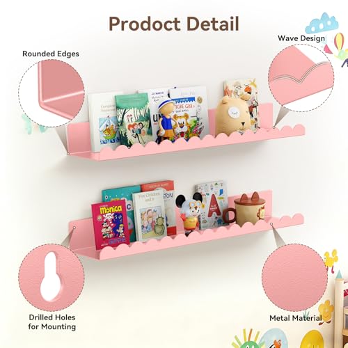 Gattlukd Floating Shelves for Wall, 23 Inch Metal Nursery Book Shelves 4 Pack, Wall Mounted Book Shelf for Kids Room, Bedroom, Bathroom, Playroom Decor (Pink) - Image 4
