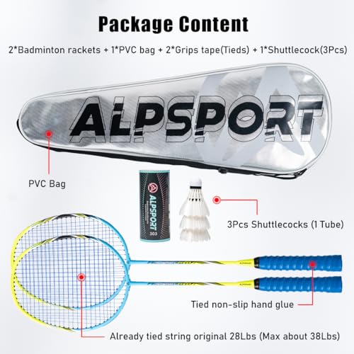 ALPSPORT Power Original Design 4U G5 Graphite Badminton Rackets Sets of 2, Carbon Fiber Racquets with 1 PVC Bag, 2 Tied Grips Tapes, 3 Shuttlecocks, 22-28LBS Padel Raket for Sports Training (Blue) - Image 2