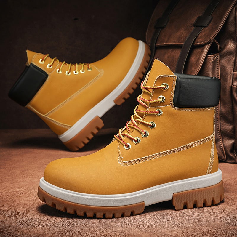 Spring And Autum Men'S Fashion Trbottomy Boots Retro Style Pure Color High-Top Work Boots Leather Outdoor Thick-Soled Shoes - Image 5