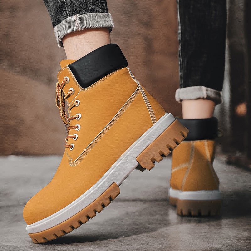 Spring And Autum Men'S Fashion Trbottomy Boots Retro Style Pure Color High-Top Work Boots Leather Outdoor Thick-Soled Shoes - Image 2