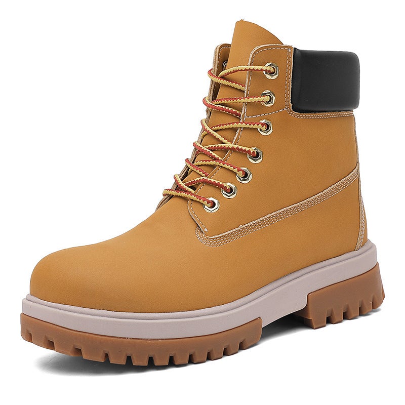Spring And Autum Men'S Fashion Trbottomy Boots Retro Style Pure Color High-Top Work Boots Leather Outdoor Thick-Soled Shoes - Image 1
