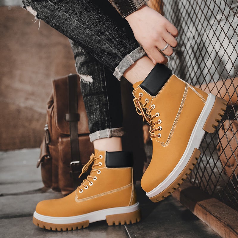 Spring And Autum Men'S Fashion Trbottomy Boots Retro Style Pure Color High-Top Work Boots Leather Outdoor Thick-Soled Shoes - Image 4