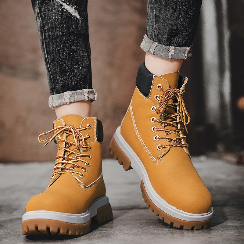 Spring And Autum Men'S Fashion Trbottomy Boots Retro Style Pure Color High-Top Work Boots Leather Outdoor Thick-Soled Shoes - Image 3