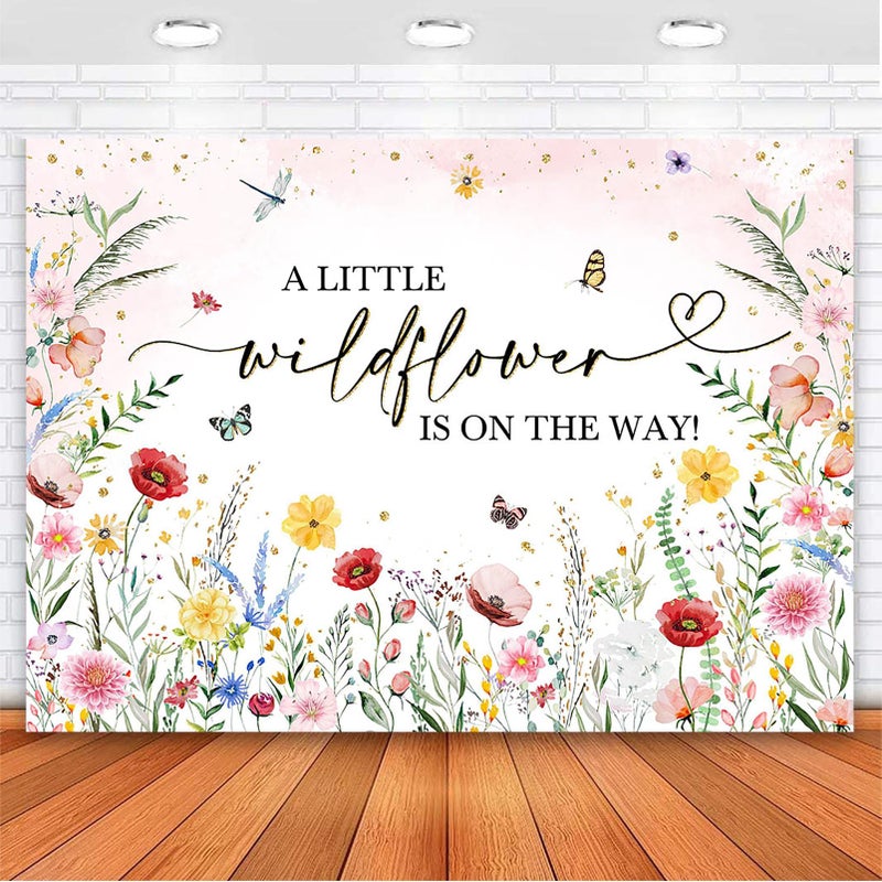 Avezano Wildflower Baby Shower Backdrop Watercolor A Little Wildflower Is On The Way Baby Shower Party Decorations Wildflower Theme Girl Banner Photoshoot Props 7X5 Ft  83X59 Inch - Image 1