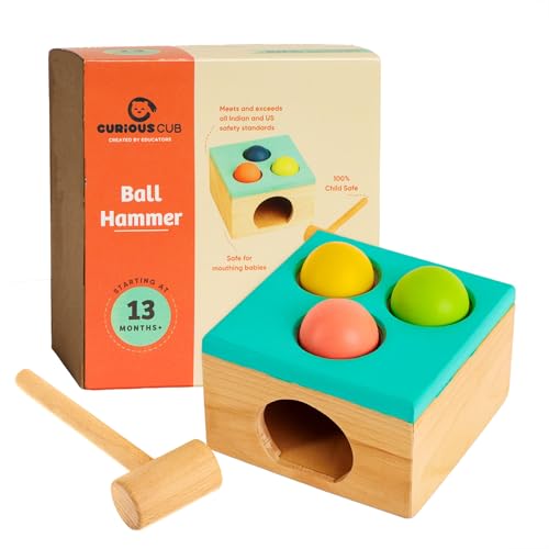Curious Cub Wooden Hammer Ball Knock Toy, Montessori Learning Game with 3 Colorful Balls and Wooden Hammer for 2-5 Years - Image 1