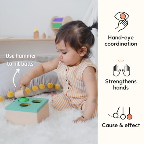 Curious Cub Wooden Hammer Ball Knock Toy, Montessori Learning Game with 3 Colorful Balls and Wooden Hammer for 2-5 Years - Image 4