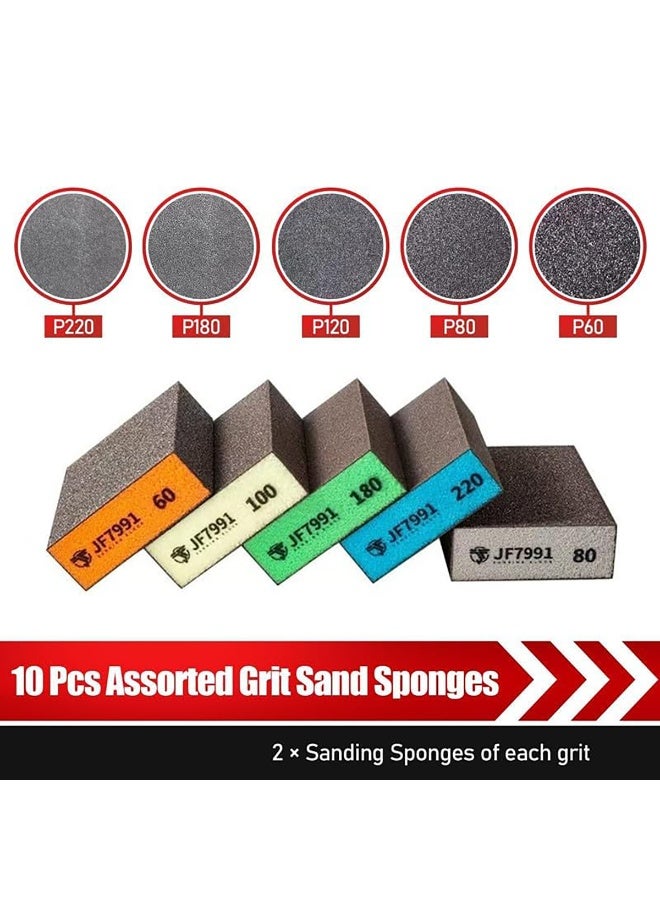 5 Pack Sanding Sponge Set – 10 Pieces Sanding Blocks with 60/80/100/180/220 Grit Assortment for Wood Metal Drywall – Washable Reusable Sandpaper Sponge Bricks - Image 3