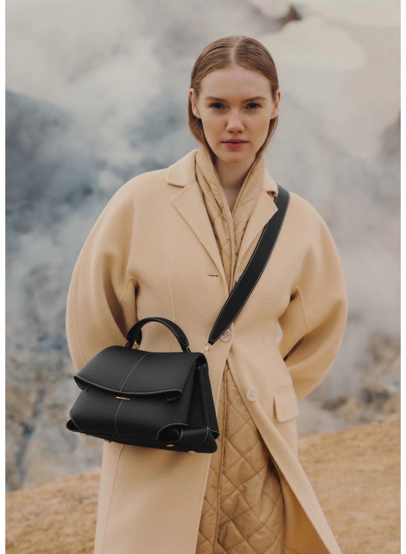 POLENE Polène ابتسامة خمر الجلد مطوية حقيبة اليد / الكتف حقيبة الكاميرا Crossbody - أسود - Image 2