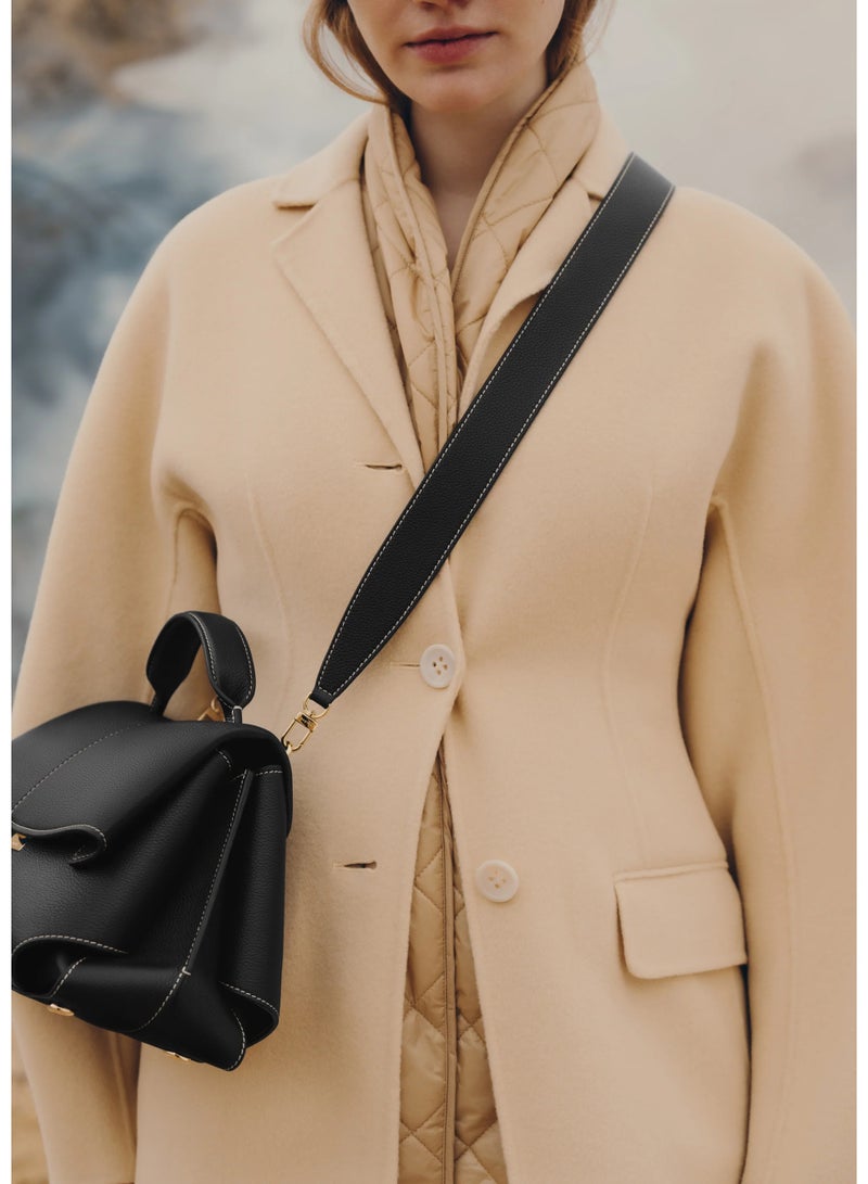 POLENE Polène ابتسامة خمر الجلد مطوية حقيبة اليد / الكتف حقيبة الكاميرا Crossbody - أسود - Image 3