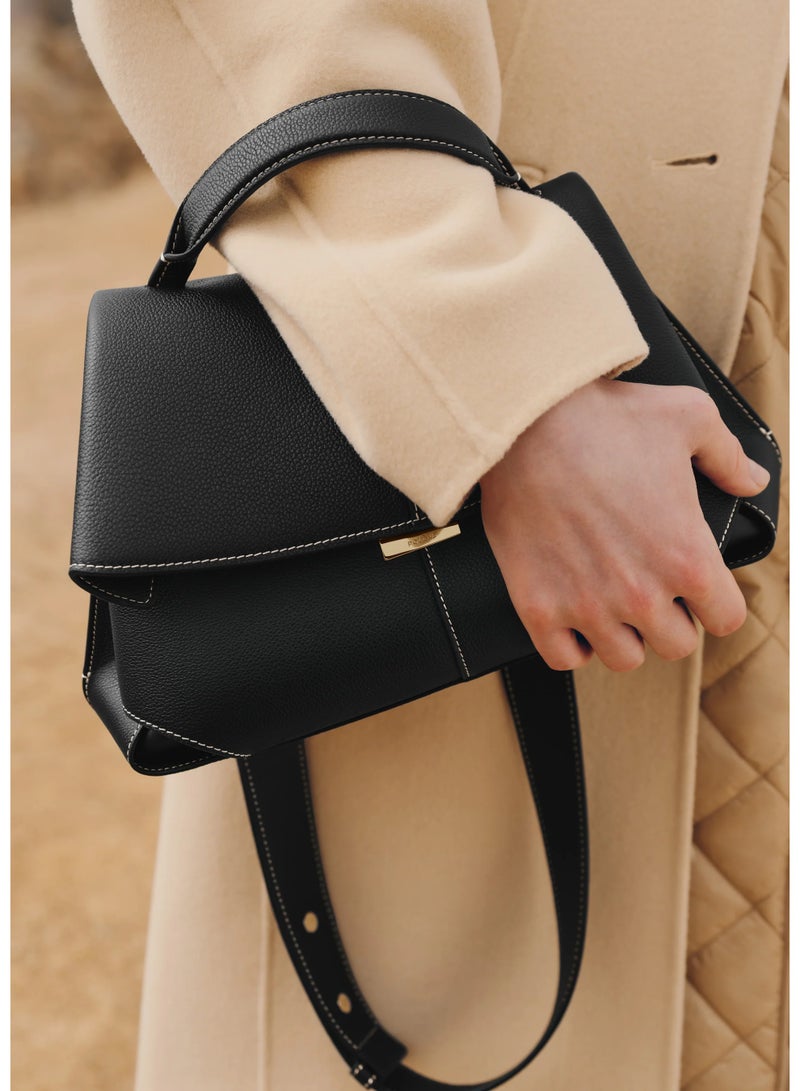 POLENE Polène ابتسامة خمر الجلد مطوية حقيبة اليد / الكتف حقيبة الكاميرا Crossbody - أسود - Image 4