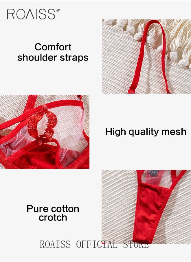 roaiss - Naughty Perspective Lingerie Suit for Women with Chain Garter Belt Ladies Cross Mesh Yarn Straps Teddy Bralette and Panty Underwear Set Comfy and Breathable Split Nightwear for Couples - Image 1