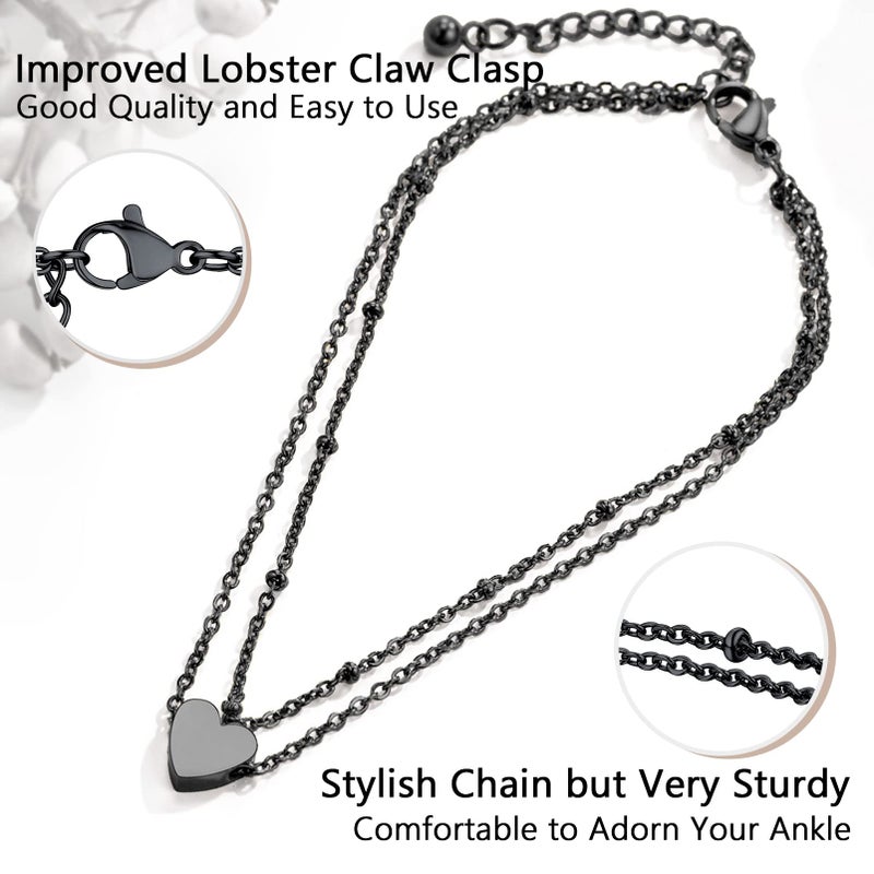 PROSTEEL Beach Jewelry Black Ankle Bracelets for Women Heart Chain Anklet Bracelet Black Layered Anklets - Image 4