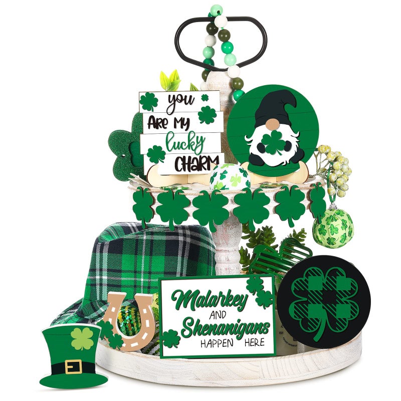 Jetec St Patricks Day Tiered Tray Decor Set Include Rustic Shamrock Gnome Truck Wood Sign Cutout Letter Sign for St Patricks Day Table Home Kitchen Bar Decoration Green Style 12 Pcs - Image 2