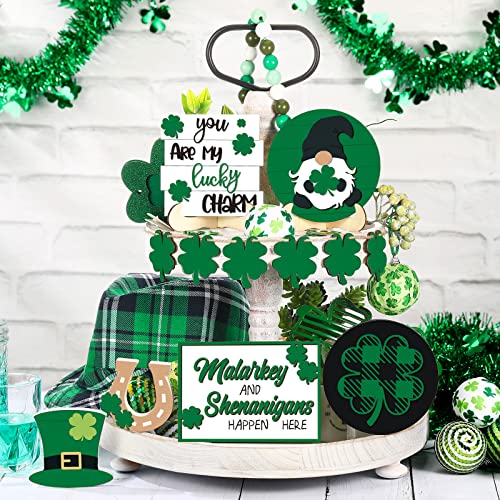 Jetec St Patricks Day Tiered Tray Decor Set Include Rustic Shamrock Gnome Truck Wood Sign Cutout Letter Sign for St Patricks Day Table Home Kitchen Bar Decoration Green Style 12 Pcs - Image 3