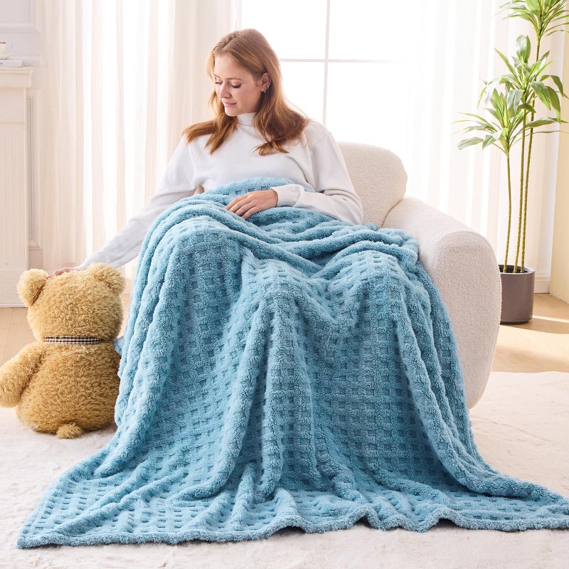 NEWCOSPLAY Super Soft Twin Blanket Blue Premium Silky Flannel Fleece 3D Waffle Checkered Lightweight Bed Blanket All Season Use (Blue  Twin(60""x80"")) - Image 2