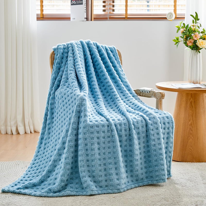 NEWCOSPLAY Super Soft Twin Blanket Blue Premium Silky Flannel Fleece 3D Waffle Checkered Lightweight Bed Blanket All Season Use (Blue  Twin(60""x80"")) - Image 4