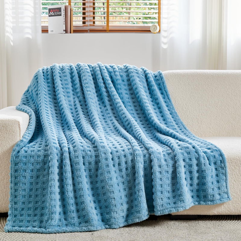 NEWCOSPLAY Super Soft Twin Blanket Blue Premium Silky Flannel Fleece 3D Waffle Checkered Lightweight Bed Blanket All Season Use (Blue  Twin(60""x80"")) - Image 1