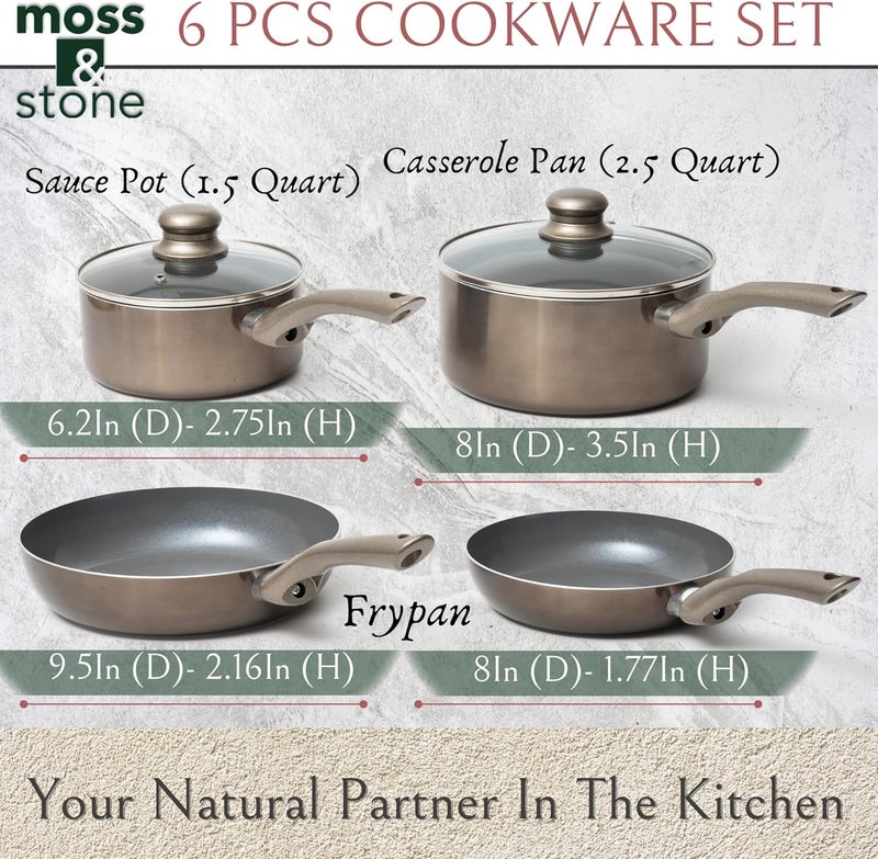 Moss & Stone 6 Piece Nonstick Cookware Set, Pots And Pans Set Non stick With Glass Lid, Induction Cookware, Home Kitchen Ware Pot And Pan Set Scratch Resistant, Stay-Cool Handles, PTFE/PFOA Free. - Image 2