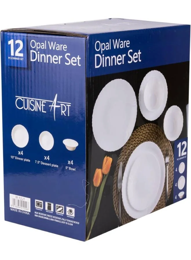 Cuisine Art Cuisine Art Opalware Dining Collection Dinnerware- Exquisite White 12-Piece Dinner Set | 10'' Dinner Plate x 4pcs| 7.5'' Dessert Plate x 4pcs |5'' Bowl X 4pcs