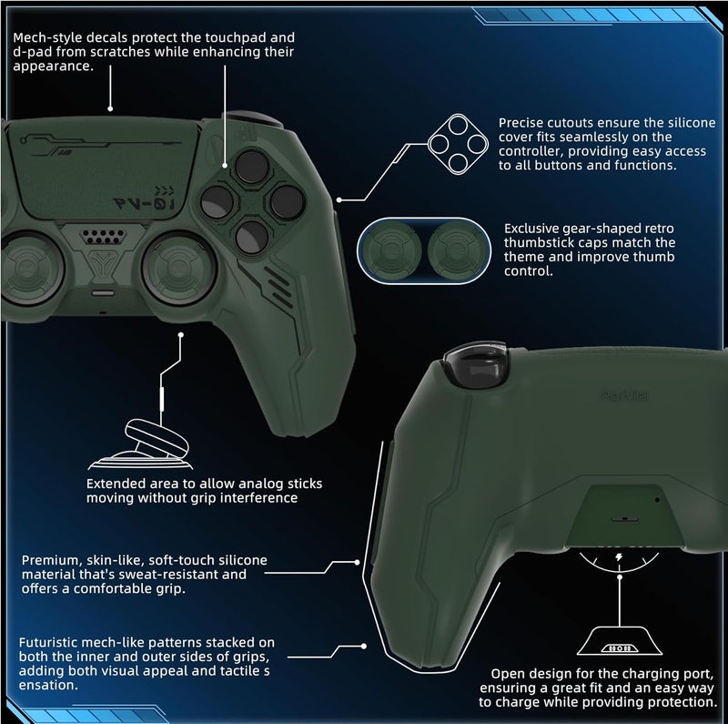 غلاف سيليكون لجهاز تحكم PS5، غلاف واقٍ مانع للانزلاق مع أغطية عصي التحكم وملصقات، إكسسوارات غلاف مطاطي متوافق مع قاعدة الشحن الرسمية لـ PS5 (إصدار الميكا - أخضر الأدغال) - Image 2