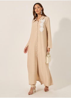 Styli Collared Lace Detail Buttoned Maxi Shirt and Trousers Set  - Image 1