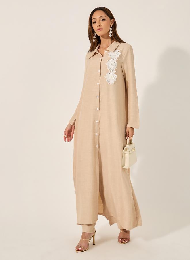 Styli Collared Lace Detail Buttoned Maxi Shirt and Trousers Set - Image 1