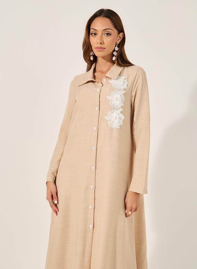 Styli Collared Lace Detail Buttoned Maxi Shirt and Trousers Set - Image 2