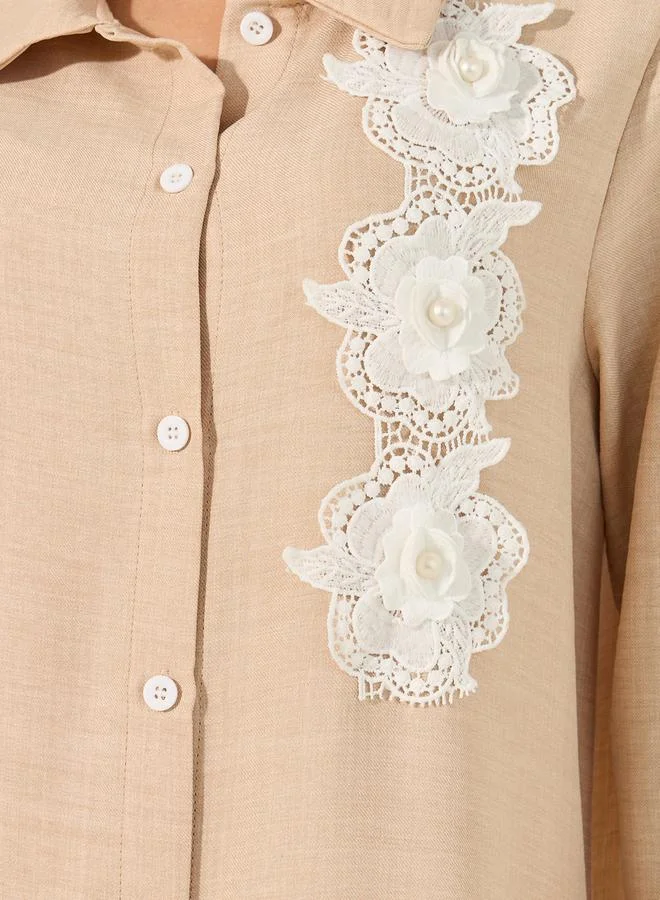 Styli Collared Lace Detail Buttoned Maxi Shirt and Trousers Set