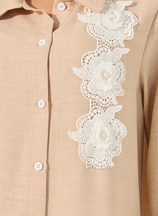 Styli Collared Lace Detail Buttoned Maxi Shirt and Trousers Set - Image 3