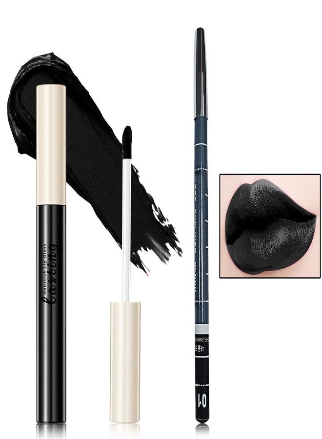 Fusang 2 PCS Black Matte Liquid Lipstick and Lip Liner Set,Waterproof Velvet Dark Lip Gloss Stain Long Lasting Black Lip Liner and Lipstick Set for Halloween Cosplay Goth Lip Makeup - Image 1
