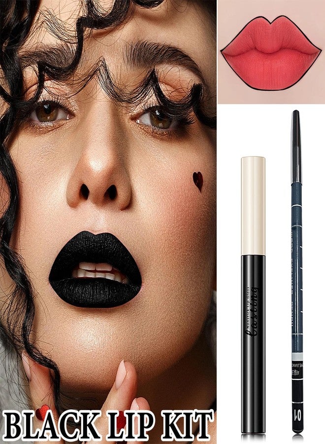 Fusang 2 PCS Black Matte Liquid Lipstick and Lip Liner Set,Waterproof Velvet Dark Lip Gloss Stain Long Lasting Black Lip Liner and Lipstick Set for Halloween Cosplay Goth Lip Makeup - Image 2