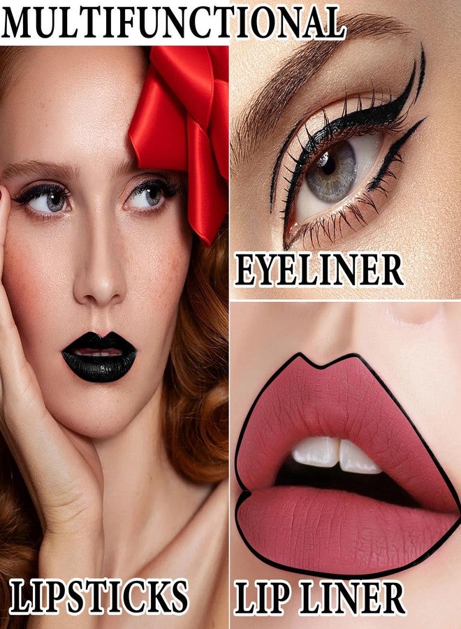Fusang 2 PCS Black Matte Liquid Lipstick and Lip Liner Set,Waterproof Velvet Dark Lip Gloss Stain Long Lasting Black Lip Liner and Lipstick Set for Halloween Cosplay Goth Lip Makeup - Image 4