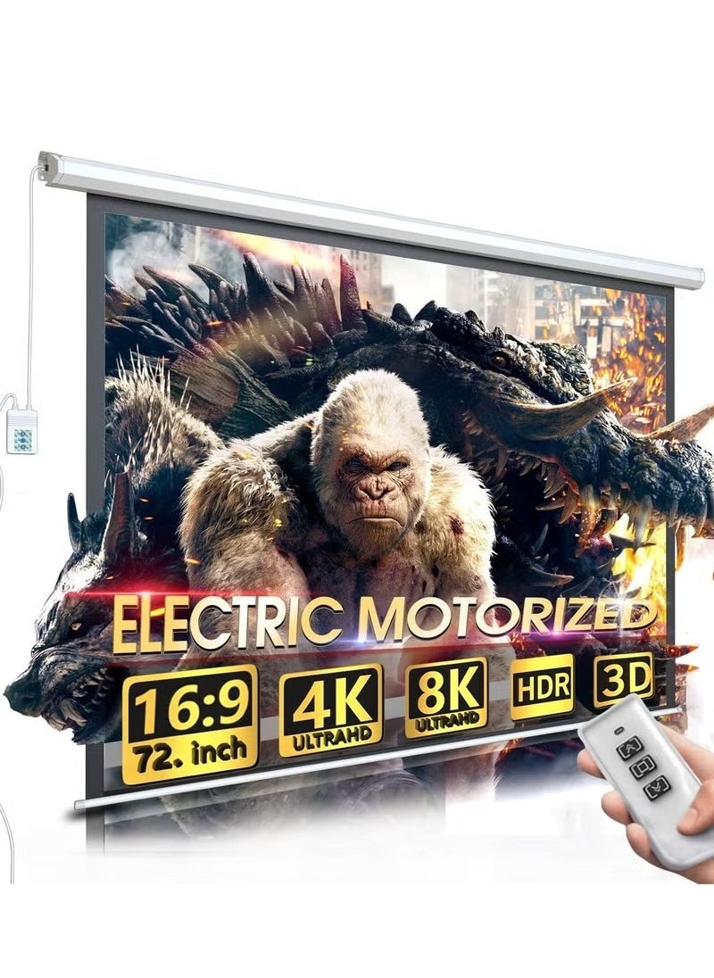 Flash Hawk 72 Inch 16:9 Wall Mount Electric Projector Screen Motorized Projection Curtain with Remote Control For Home Cinema/Home Theater/Home Gaming/Home Party  - Image 1