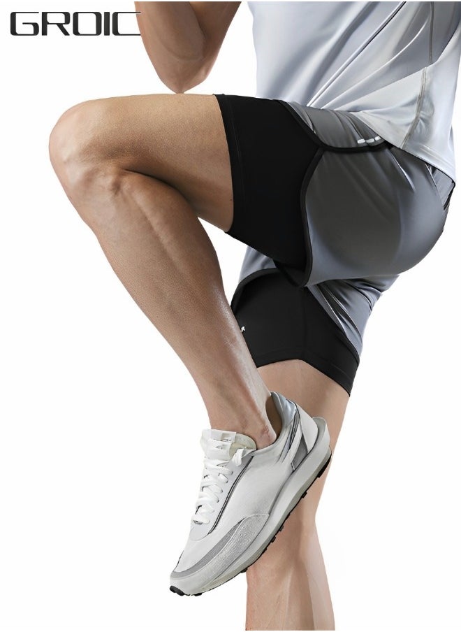 GROIC Men’s 2 in 1 Running Shorts Quick Dry Gym Athletic Workout Shorts Basketball soccer ball  Sports Shorts swim trunks  - Image 1