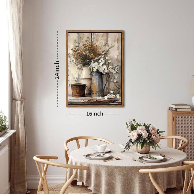 AKWISH Floating Framed Farmhouse Vintage Canvas Wall Art, Country Floral Daisy Pictures Wall Decor, Wood Grain Art Paintings Poster for Living Room Bedroom Bathroom Rustic Decor 16x24 inch - Image 3