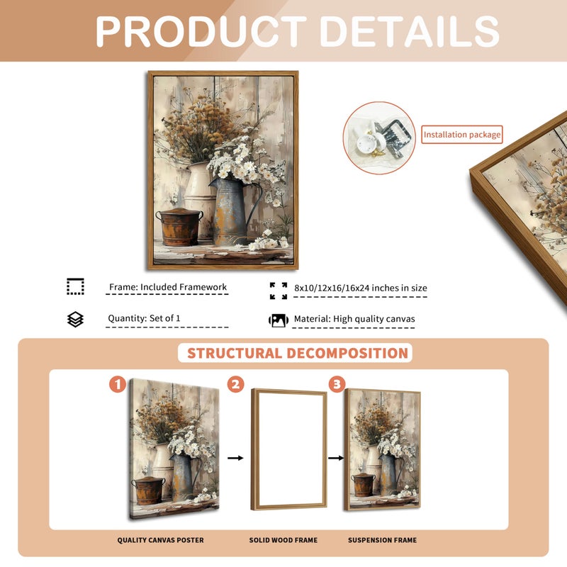 AKWISH Floating Framed Farmhouse Vintage Canvas Wall Art, Country Floral Daisy Pictures Wall Decor, Wood Grain Art Paintings Poster for Living Room Bedroom Bathroom Rustic Decor 16x24 inch - Image 5
