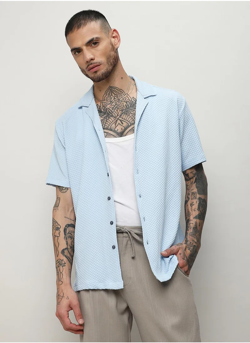 كامبوس سوترا Men's Light Blue Self-Design Block Shirt