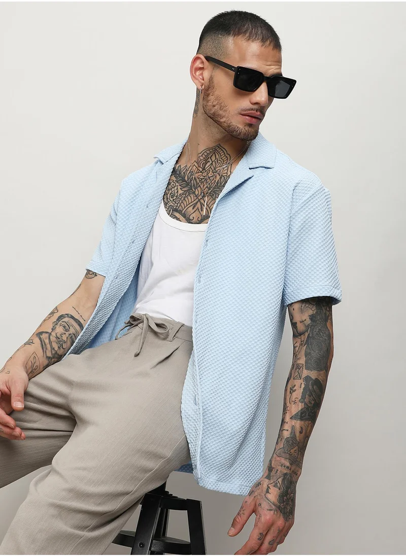 كامبوس سوترا Men's Light Blue Self-Design Block Shirt