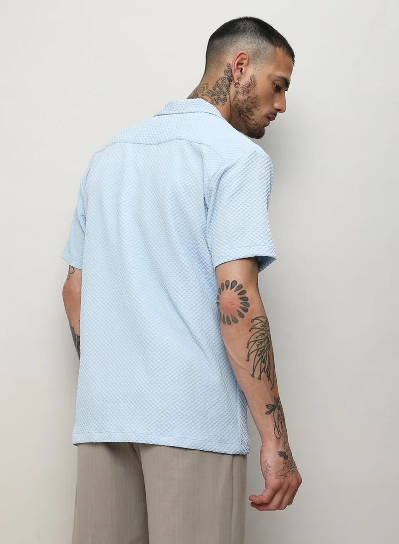Campus Sutra Men's Light Blue Self-Design Block Shirt
